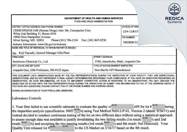FDA 483 - Sumitomo Chemical Company, Limited [Gifu / Japan] - Download PDF - Redica Systems