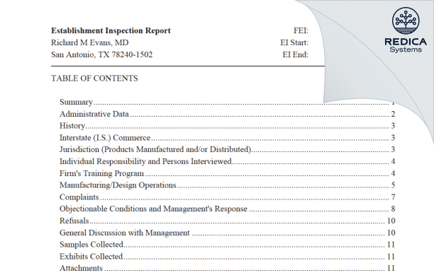 EIR - Richard M Evans, MD [San Antonio / United States of America] - Download PDF - Redica Systems