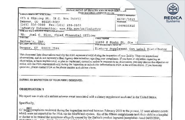 FDA 483 - Zarbee's Inc [Sandy / United States of America] - Download PDF - Redica Systems