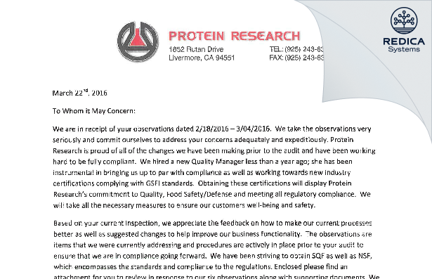 FDA 483 Response - Berkeley Nutritional Mfg Corp. [Livermore / United States of America] - Download PDF - Redica Systems