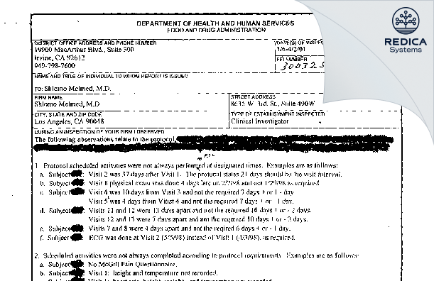 FDA 483 - Melmed, Shlomo MD [Los Angeles / United States of America] - Download PDF - Redica Systems