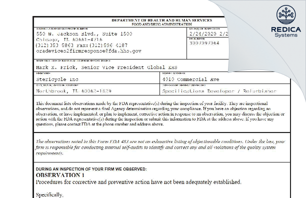 FDA 483 - Stericycle Inc [Bannockburn / United States of America] - Download PDF - Redica Systems