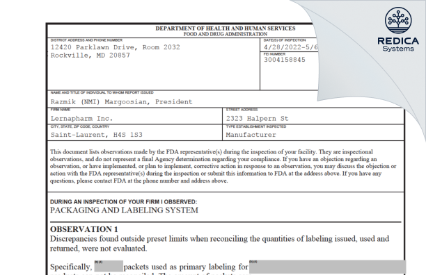 FDA 483 - Lernapharm (Loris) Inc. [St. Laurent / Canada] - Download PDF - Redica Systems