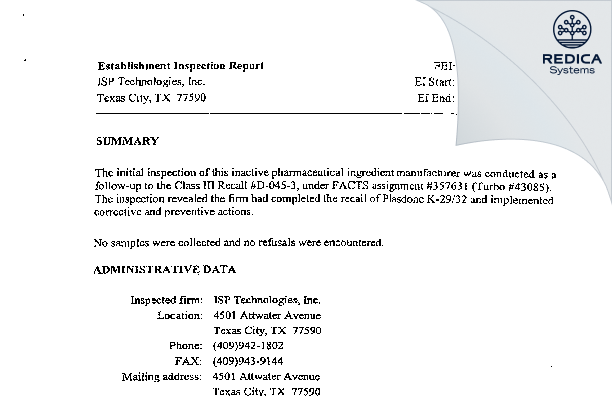 EIR - ISP Technologies Inc. [Texas City / United States of America] - Download PDF - Redica Systems
