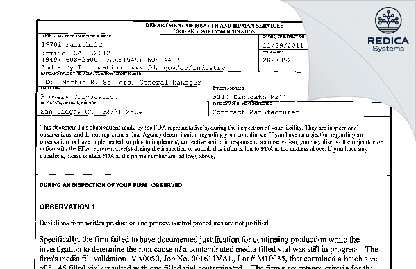 FDA 483 - Bioserv Corporation [San Diego / United States of America] - Download PDF - Redica Systems