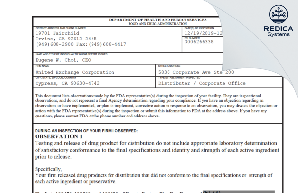 FDA 483 - United Exchange Corp. [Cypress California / United States of America] - Download PDF - Redica Systems
