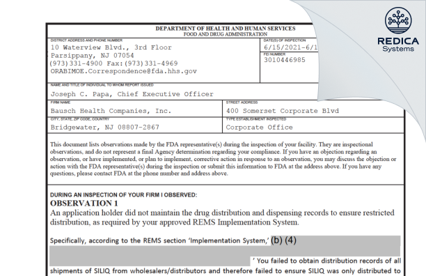 FDA 483 - Bausch Health Companies, Inc. [Bridgewater / United States of America] - Download PDF - Redica Systems