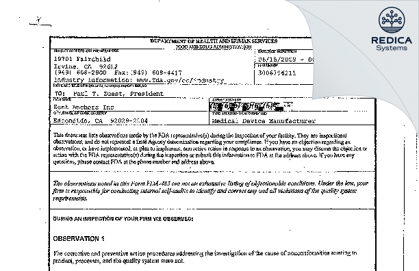 FDA 483 - Zest Anchors Inc [Escondido / -] - Download PDF - Redica Systems