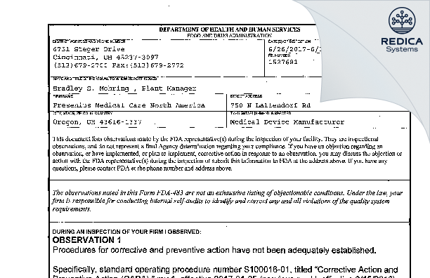 FDA 483 - Fresenius U.S.A. Manufacturing [Oregon / United States of America] - Download PDF - Redica Systems