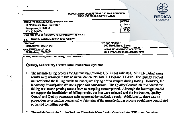 FDA 483 - Avantor Performance Materials, LLC [Phillipsburg / United States of America] - Download PDF - Redica Systems