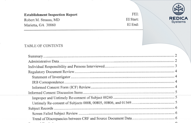 EIR - Robert M. Strauss, MD [Marietta / United States of America] - Download PDF - Redica Systems