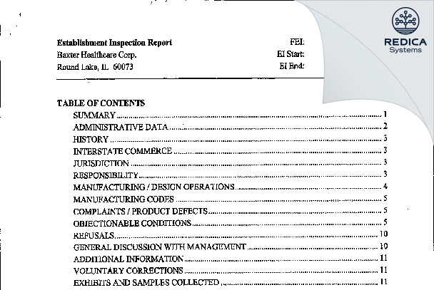 EIR - Baxter Healthcare Corporation [Round Lake / United States of America] - Download PDF - Redica Systems