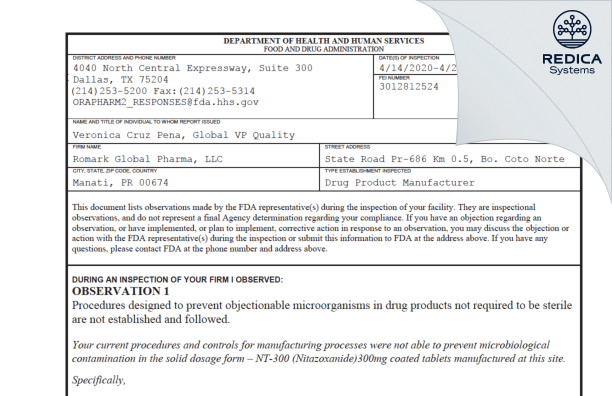 FDA 483 - Romark Global Pharma, LLC [Rico / United States of America] - Download PDF - Redica Systems