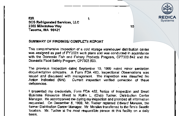 EIR - Lineage Logistics LLC [Tacoma / United States of America] - Download PDF - Redica Systems