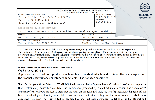 FDA 483 - Medtronic Navigation, Inc. [Louisville / United States of America] - Download PDF - Redica Systems