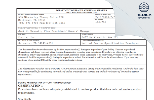FDA 483 - Encore, Inc. [Sarasota / United States of America] - Download PDF - Redica Systems