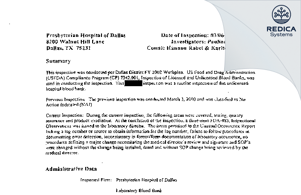 EIR - Texas Health Presbyterian Hospital of Dallas Blood Bank [Dallas / United States of America] - Download PDF - Redica Systems