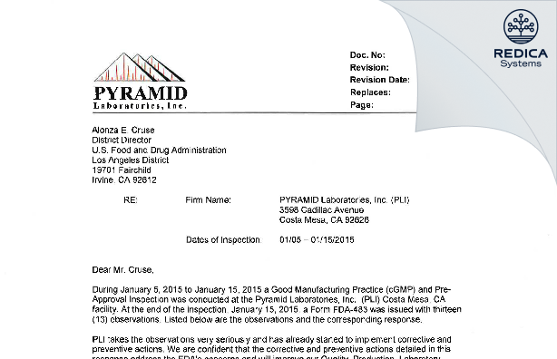 FDA 483 Response - PYRAMID Laboratories, Inc. [Costa Mesa California / United States of America] - Download PDF - Redica Systems