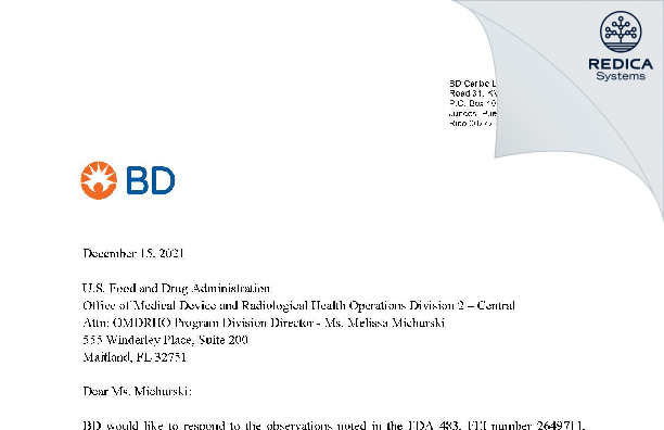 FDA 483 Response - Becton Dickinson Caribe LTD [Juncos / United States of America] - Download PDF - Redica Systems