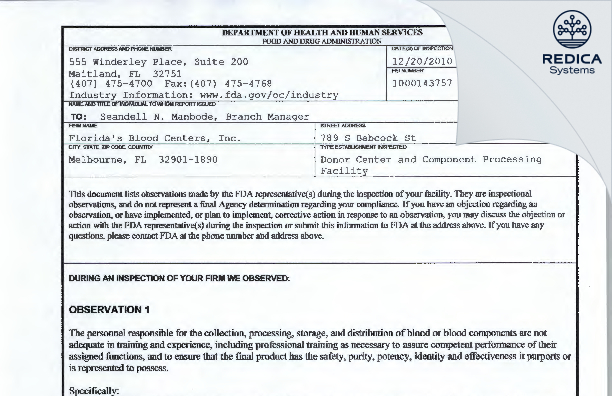 FDA 483 - OneBlood, Inc. [Melbourne / United States of America] - Download PDF - Redica Systems