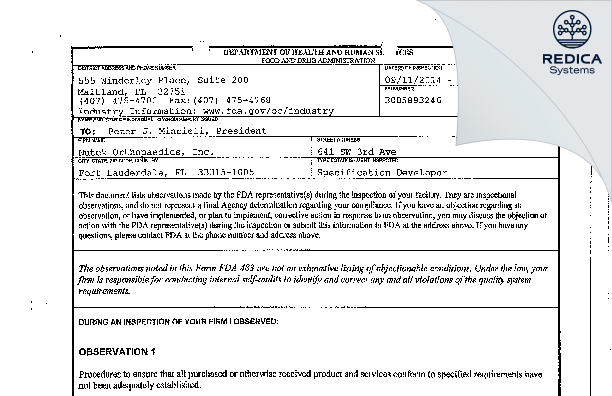 FDA 483 - Nutek Orthopaedics, Inc. [Fort Lauderdale / United States of America] - Download PDF - Redica Systems