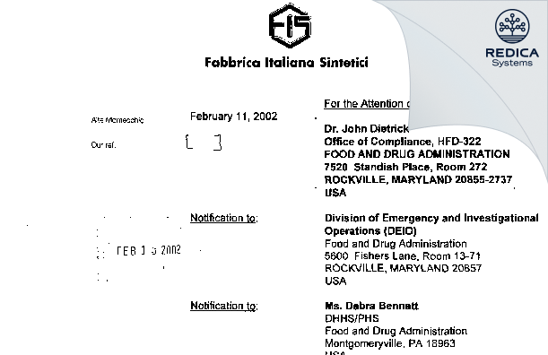 FDA 483 Response - F.I.S. FABBRICA ITALIANA SINTETICI S.P.A. [Italy / Italy] - Download PDF - Redica Systems