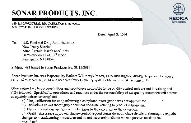 FDA 483 Response - Sonar Products, Inc. [Carlstadt / United States of America] - Download PDF - Redica Systems