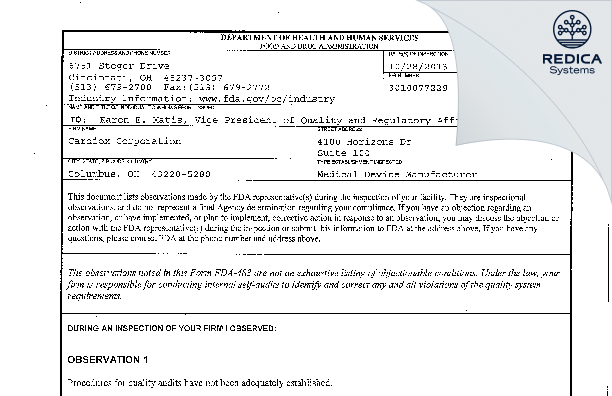 FDA 483 - Cardiox Corporation [Columbus / United States of America] - Download PDF - Redica Systems