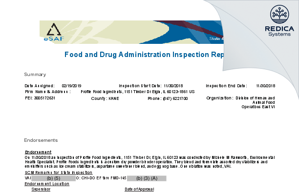 FDA 483 - Profile Food Ingredients [Elgin / United States of America] - Download PDF - Redica Systems