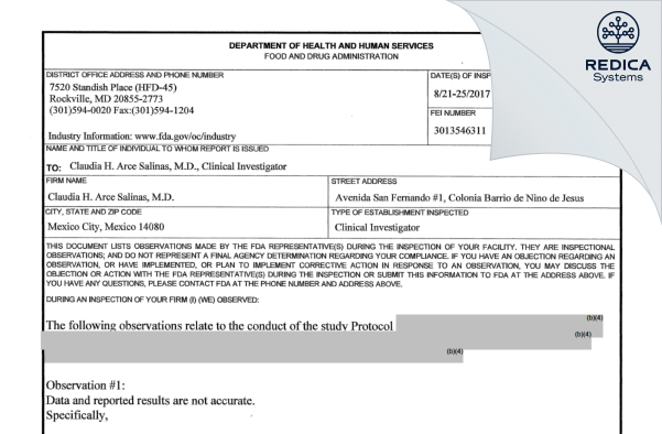 FDA 483 - Claudia H. Arce Salinas, M.D. [Ciudad De Mexico / Mexico] - Download PDF - Redica Systems
