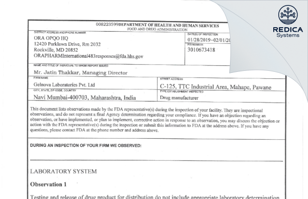 FDA 483 - Gelnova Laboratories (India) Pvt. Ltd. [Navi Mumbai / India] - Download PDF - Redica Systems