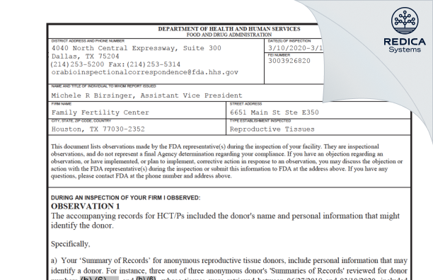 FDA 483 - Family Fertility Center [Houston / United States of America] - Download PDF - Redica Systems