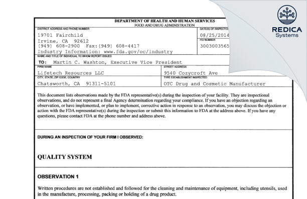 FDA 483 - Lifetech Resources LLC [Chatsworth / United States of America] - Download PDF - Redica Systems