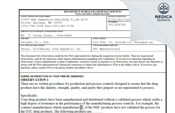 FDA 483 - Seindni Co., Ltd. [- / -] - Download PDF - Redica Systems