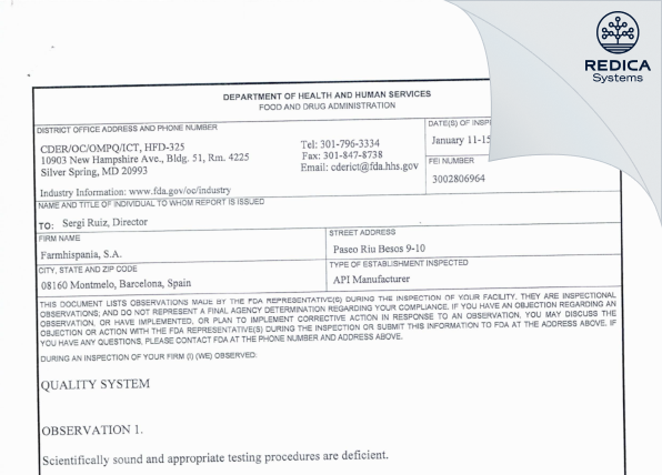 FDA 483 - Farmhispania S.A. [Spain / Spain] - Download PDF - Redica Systems