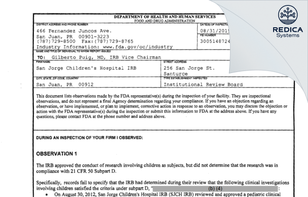 FDA 483 - San Jorge Children's Hospital IRB [San Juan / United States of America] - Download PDF - Redica Systems