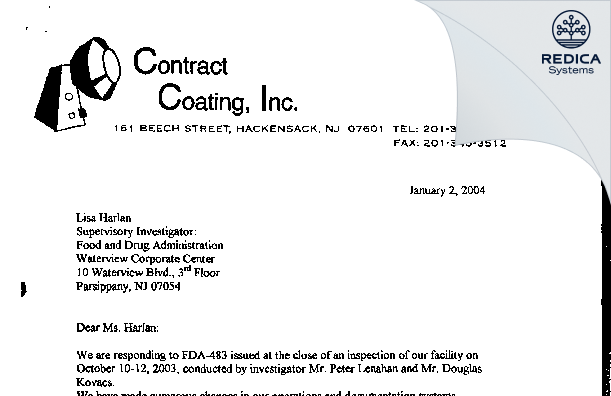 FDA 483 Response - Contract Coating Inc. [Jersey / United States of America] - Download PDF - Redica Systems