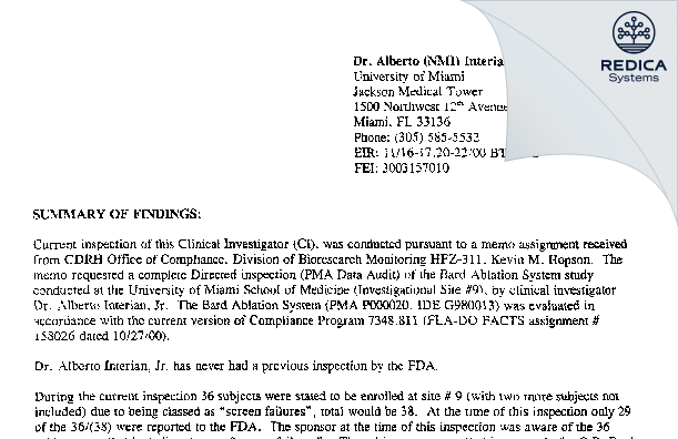 EIR - Alberto Interian, Jr., M.D. [Miami / United States of America] - Download PDF - Redica Systems