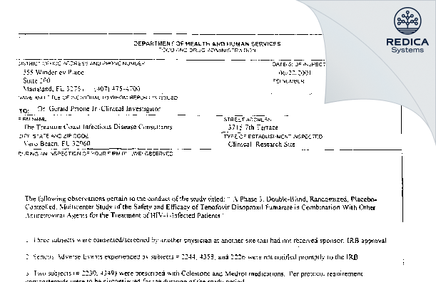 FDA 483 - Gerald Pierone, Jr., M.D. [Vero Beach / United States of America] - Download PDF - Redica Systems
