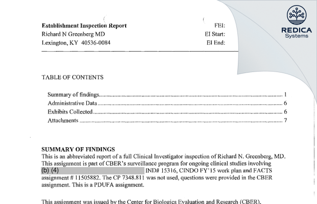 EIR - Richard N Greenberg MD [Lexington / United States of America] - Download PDF - Redica Systems