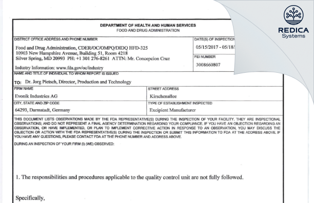 FDA 483 - Evonik Industries AG [Darmstadt / Germany] - Download PDF - Redica Systems
