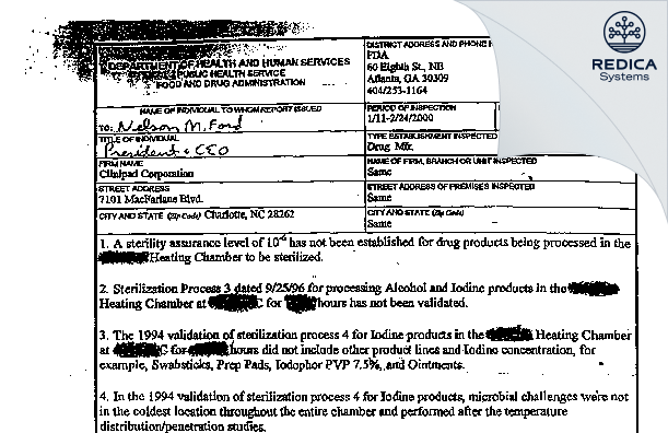 FDA 483 - Clinipad Corporation [Charlotte / United States of America] - Download PDF - Redica Systems