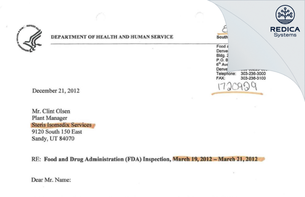 FDA 483 Response - Isomedix Operations, Inc. [Sandy / United States of America] - Download PDF - Redica Systems