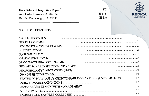 EIR - Amphastar Pharmaceuticals, Inc. [Rancho Cucamonga / United States of America] - Download PDF - Redica Systems