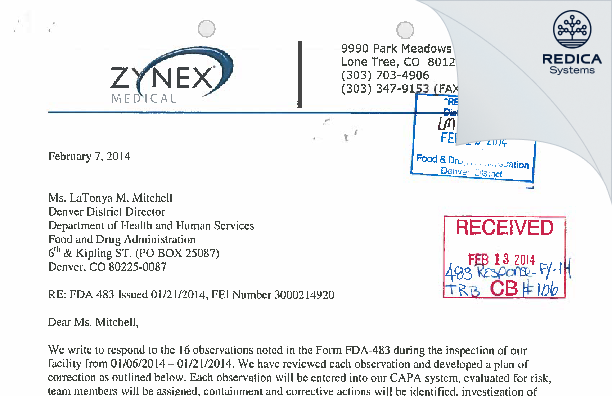FDA 483 Response - Zynex Medical, Inc. [Englewood / United States of America] - Download PDF - Redica Systems