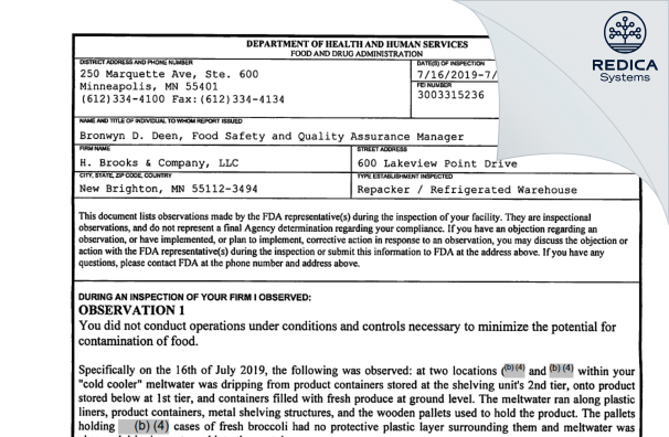 FDA 483 - H. Brooks & Co [New Brighton / United States of America] - Download PDF - Redica Systems