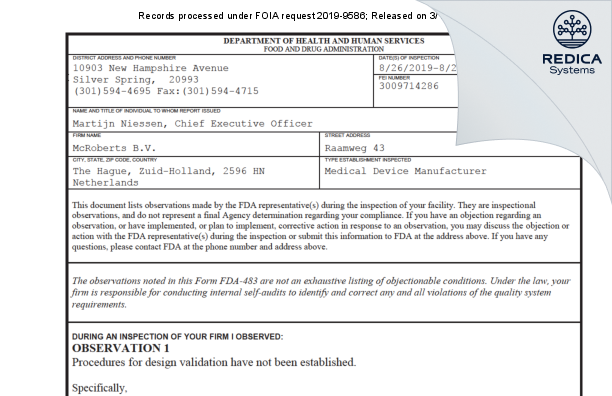 FDA 483 - McRoberts B.V. ['s-Gravenhage / Netherlands] - Download PDF - Redica Systems