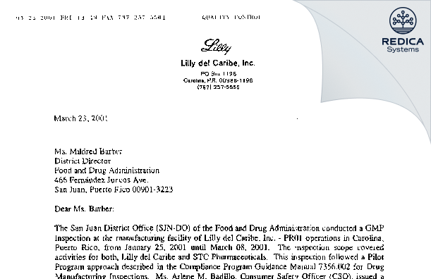 FDA 483 Response - Lilly del Caribe, Inc. [Carolina / United States of America] - Download PDF - Redica Systems