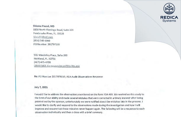 FDA 483 Response - Shlomo Pascal, M.D. [Miami / United States of America] - Download PDF - Redica Systems
