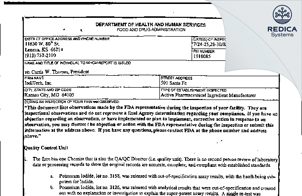 FDA 483 - Ioditech Inc [Kansas City / United States of America] - Download PDF - Redica Systems